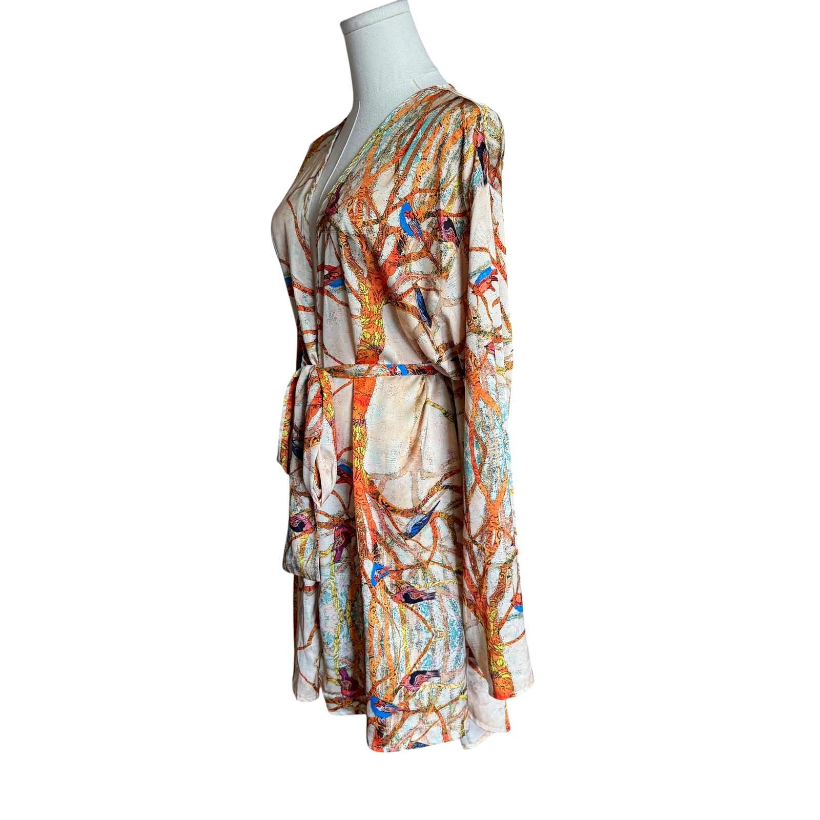 Chic Le Frique Satin Kimono Wrap Top Shorts Set Bird Print Resort Lounge S/M — image 8 of 8